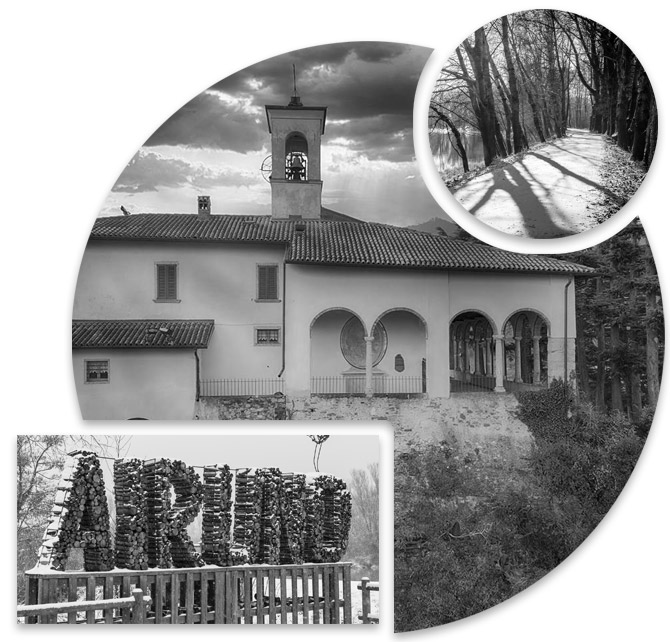 La chiesa di Airuno, il sentiero verso Veglio e la scritta AIRUNO in legna